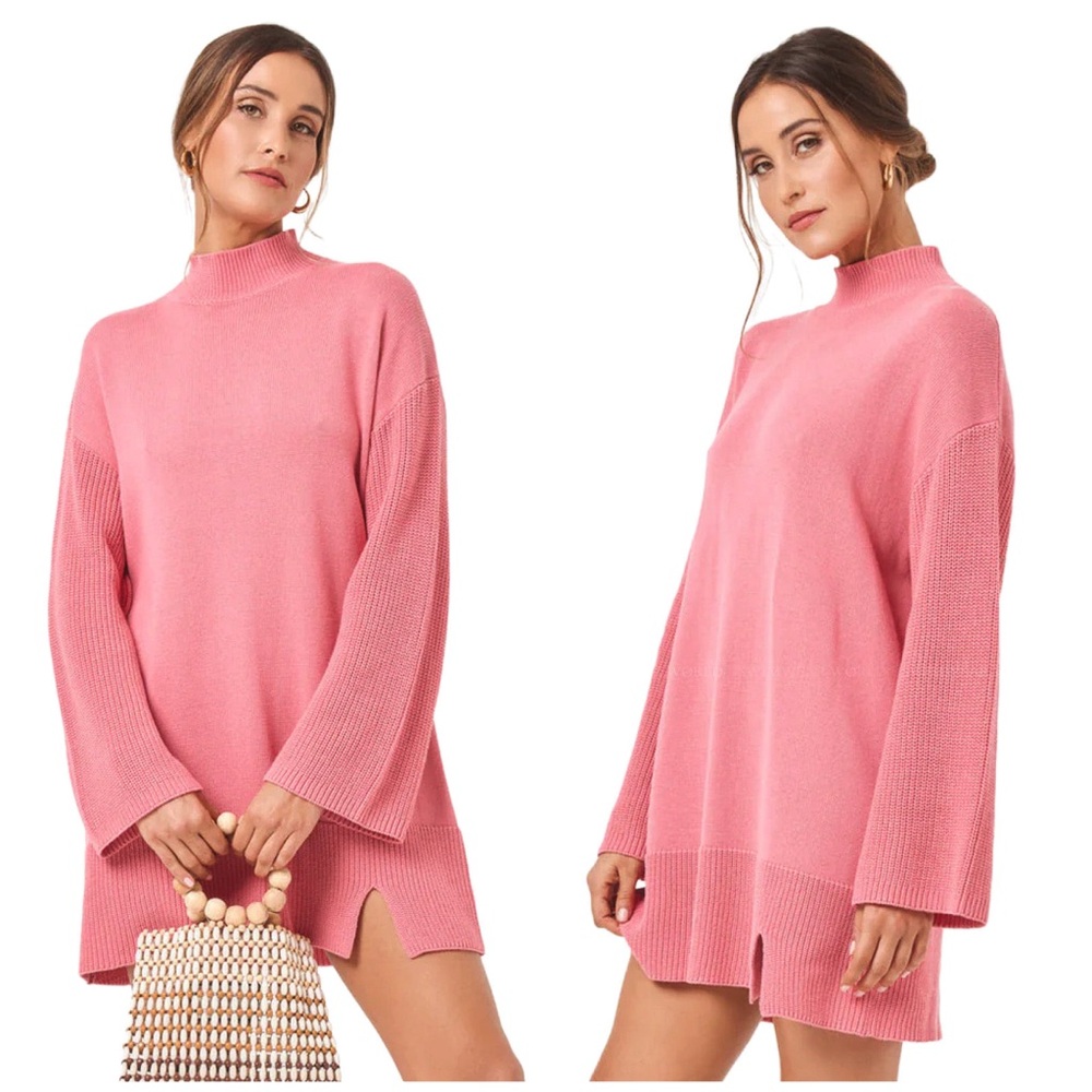 L Space Lacy Mock Neck Tunic Mini Dress Longsleeve Sweater Dress Rosewood Medium